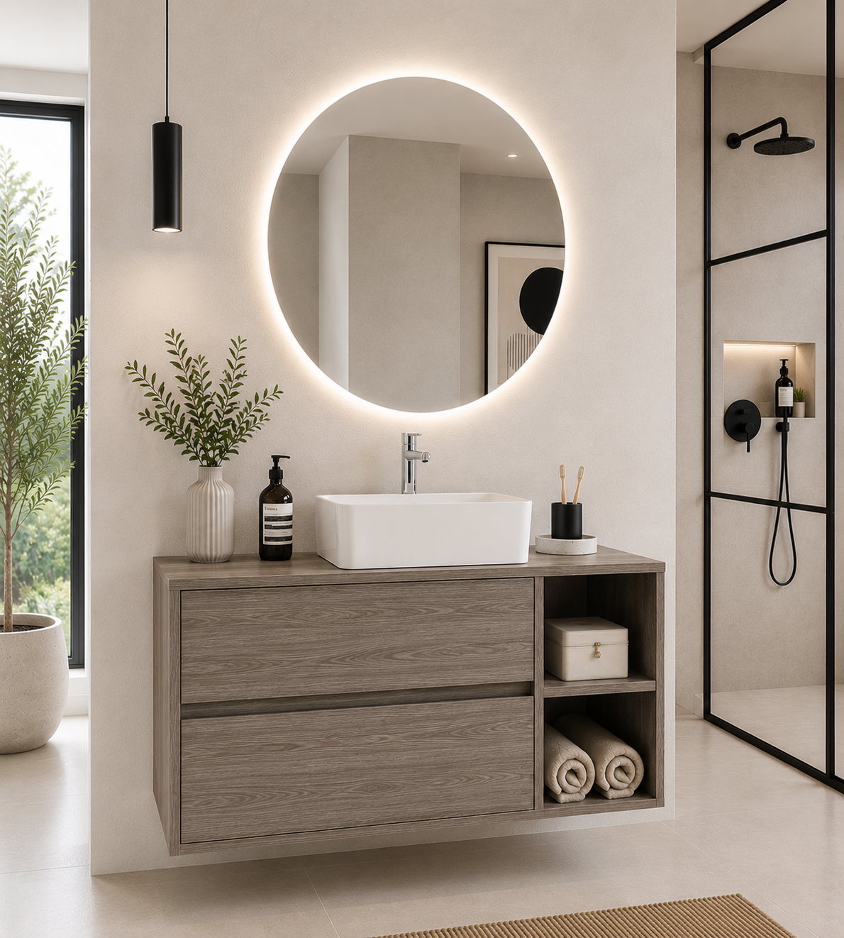 Kylpyhuonekaluste ZEUS, puinen taso ja päälle asennettava pesuallas